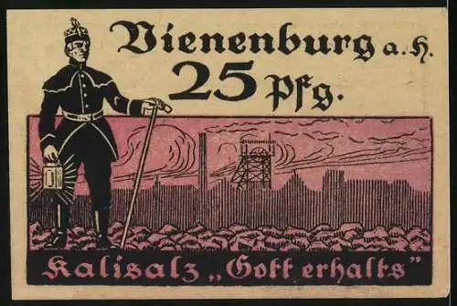 Notgeld Vienenburg, 1921, 25 Pfennig, Bergmann mit Kalibergwerk und Schriftzug Kalisalz `Gott erhalts`