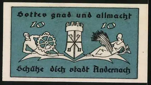 Notgeld Andernach, 1920, 10 Pfennig, Stadt Andernach mit Symbolen der Arbeit und Landwirtschaft