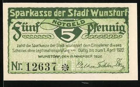 Notgeld Wunstorf, 1920, 5 Pfennig, Sparkasse der Stadt Wunstorf, Gebäudeabbildung, Nr. 12637