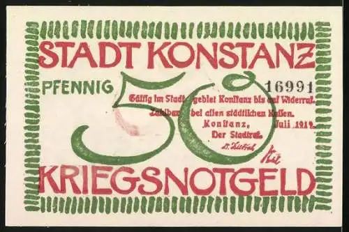 Notgeld Konstanz, 1918, 50 Pfennig, Kriegsnotgeld mit grüner und roter Verzierung