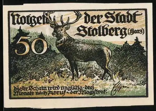 Notgeld Stolberg (Harz), 50 Pfennig, Hirsch und historisches Rathaus 1482