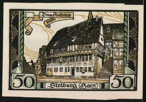 Notgeld Stolberg (Harz), 50 Pfennig, Hirsch und historisches Rathaus 1482