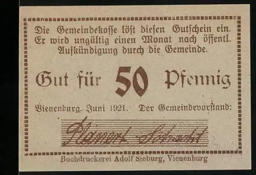 Notgeld Vienenburg, 1921, 50 Pfennig, Gutschein mit Landschaft und Arbeiter Motiv
