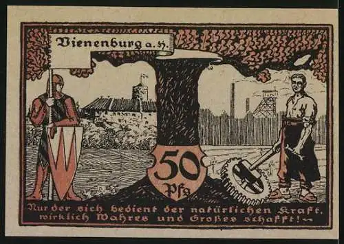 Notgeld Vienenburg, 1921, 50 Pfennig, Gutschein mit Landschaft und Arbeiter Motiv