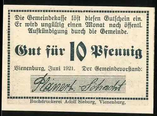 Notgeld Vienenburg, 1921, 10 Pfennig, Gutschein mit Burgansicht und Ortsangabe