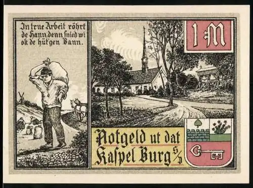 Notgeld Burg, 1916, 1 Mark, Landschaft mit Kirche, Bauern und Schiffen