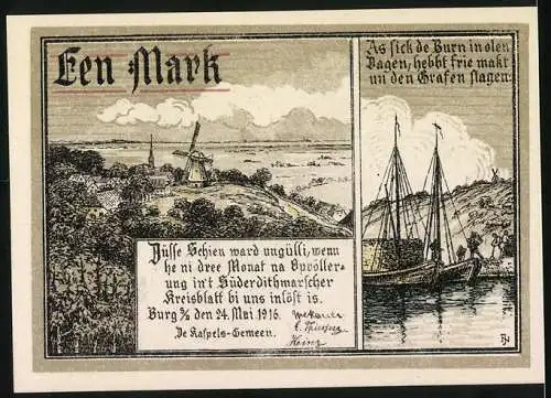 Notgeld Burg, 1916, 1 Mark, Landschaft mit Kirche, Bauern und Schiffen