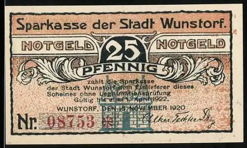 Notgeld Wunstorf, 1920, 25 Pfennig, Sparkasse der Stadt Wunstorf, älteste Erwähnung in Urkunde Ludwigs des Deutschen