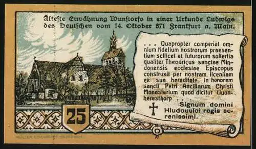 Notgeld Wunstorf, 1920, 25 Pfennig, Sparkasse der Stadt Wunstorf, älteste Erwähnung in Urkunde Ludwigs des Deutschen