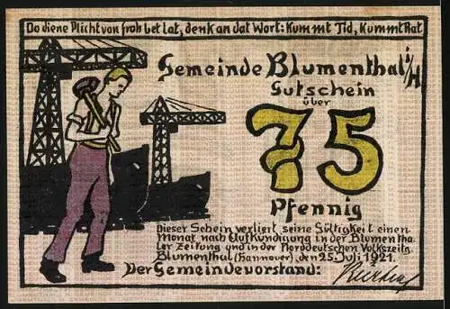 Notgeld Blumenthal, 1921, 75 Pfennig, Frau mit Spulenmaschine und Arbeiter vor Werftanlagen