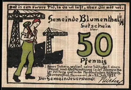 Notgeld Blumenthal, 1921, 50 Pfennig, Arbeiter mit Werkzeug und Frau mit Seil, Seriennummer 018137, farbige Illustration