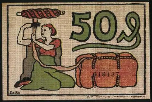 Notgeld Blumenthal, 1921, 50 Pfennig, Arbeiter mit Werkzeug und Frau mit Seil, Seriennummer 018137, farbige Illustration