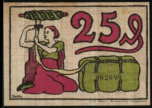 Notgeld Blumenthal 1921, 25 Pfennig, Frau bei der Arbeit mit Seil und Hafenarbeiter mit Kran