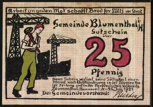 Notgeld Blumenthal 1921, 25 Pfennig, Frau bei der Arbeit mit Seil und Hafenarbeiter mit Kran