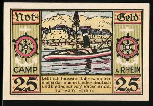 Notgeld Camp a. Rhein, 1921, 25 Pfennig, Dampfschiff und Landschaft am Rhein