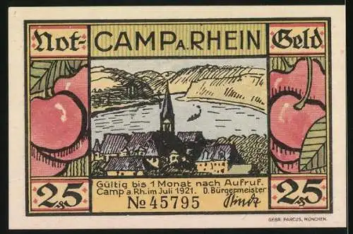 Notgeld Camp a. Rhein, 1921, 25 Pfennig, Dampfschiff und Landschaft am Rhein