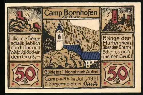 Notgeld Camp Bornhofen 1921, 50 Pfennig, Kirche und Burg mit Sprüchen, Rückseite Pietà und Ave Maria