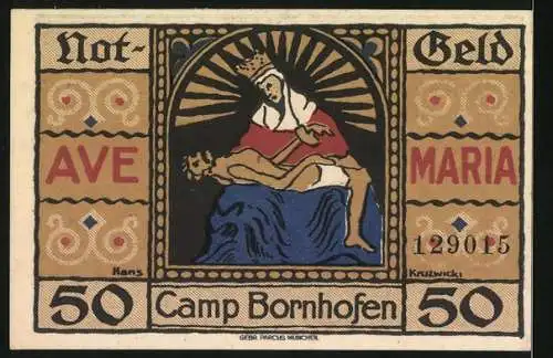 Notgeld Camp Bornhofen 1921, 50 Pfennig, Kirche und Burg mit Sprüchen, Rückseite Pietà und Ave Maria