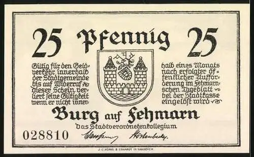 Notgeld Burg auf Fehmarn, 25 Pfennig, Silhouettenbild mit Ochse und Wagen, Stadtwappen und Text