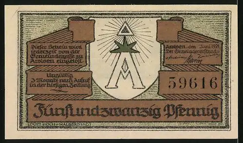 Notgeld Arolsen, 1921, 25 Pfennig, Landschaft mit Gebäude und Text über Ausgabeanlass