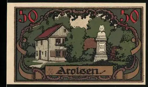 Notgeld Arolsen, 1921, 50 Pfennig, Haus und Denkmal, Seriennummer 020309