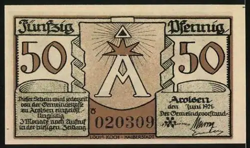 Notgeld Arolsen, 1921, 50 Pfennig, Haus und Denkmal, Seriennummer 020309