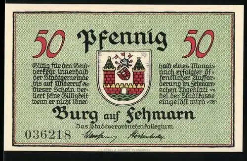 Notgeld Burg auf Fehmarn, 50 Pfennig, Stadtwappen, Landschaft und Pflug