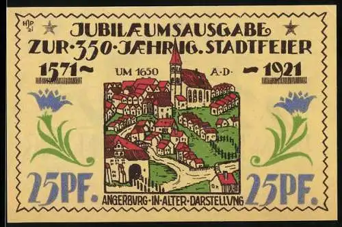 Notgeld Angerburg 1921, 25 Pfennig, Jubiläumsausgabe zur 350-jährigen Stadtfeier, Angerburg in alter Darstellung