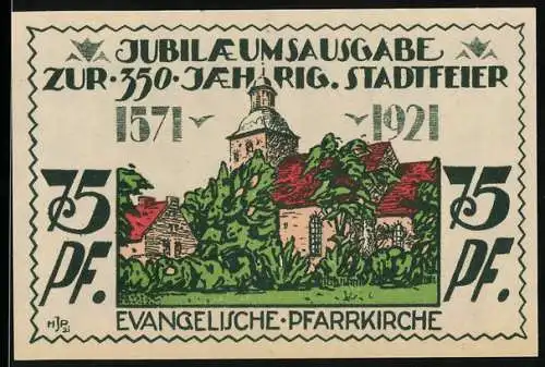 Notgeld Angerburg 1921, 75 Pfennig, Jubiläumsausgabe zur 350-jährigen Stadtfeier, evangelische Pfarrkirche