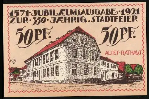 Notgeld Angerburg 1921, 50 Pfennig, Jubiläumsausgabe 350 Jahre Stadtfeier, Altes Rathaus, Wappen