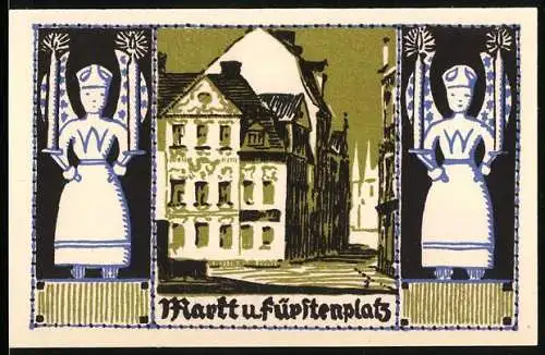 Notgeld Schneeberg, 1921, 50 Pfennig, Markt und Fürstenplatz, Stadtwappen und Figuren