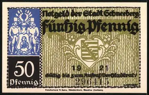 Notgeld Schneeberg, 1921, 50 Pfennig, Markt und Fürstenplatz, Stadtwappen und Figuren