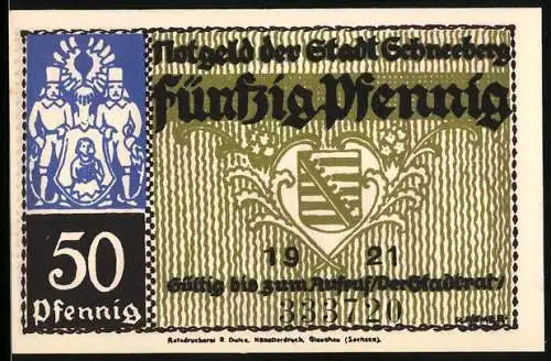 Notgeld Schneeberg 1921, 50 Pfennig, Stadtwappen und Rathausabbildung