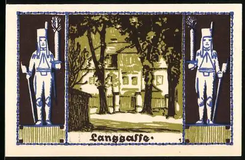 Notgeld Schneeberg 1921, 50 Pfennig, Langgasse und Stadtwappen mit Löwen und Wappen