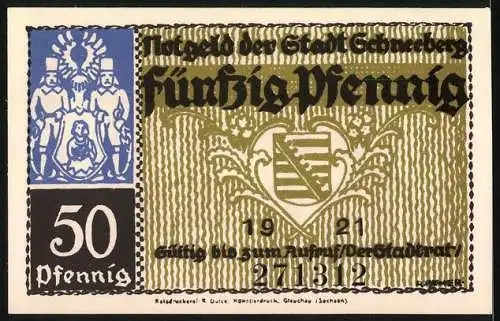 Notgeld Schneeberg 1921, 50 Pfennig, Langgasse und Stadtwappen mit Löwen und Wappen