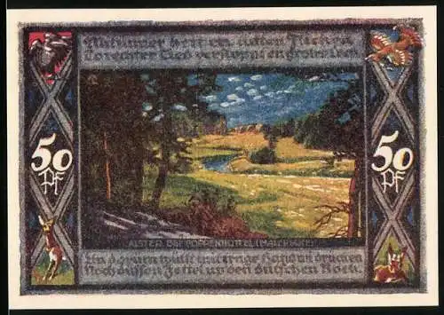 Notgeld Poppenbüttel 1921, 50 Pf, Landschaft mit Wald und Wiesen, Wappen und Schriftzüge