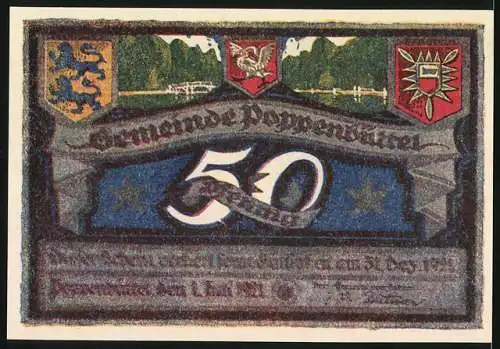 Notgeld Poppenbüttel 1921, 50 Pf, Landschaft mit Wald und Wiesen, Wappen und Schriftzüge