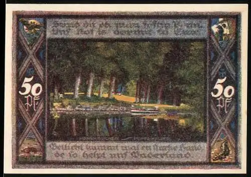 Notgeld Poppenbüttel 1921, 50 Pf, See mit Boot und Wappen der Gemeinde