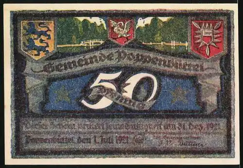 Notgeld Poppenbüttel 1921, 50 Pf, See mit Boot und Wappen der Gemeinde