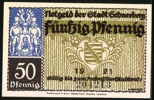 Notgeld Schneeberg 1921, 50 Pfennig, Illustrationen von Figuren, Gebäude und Stadtwappen