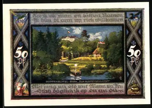 Notgeld Poppenbüttel 1921, 50 Pfennig, Park zur Alsterschleuse und Gemeinde Poppenbüttel Wappen