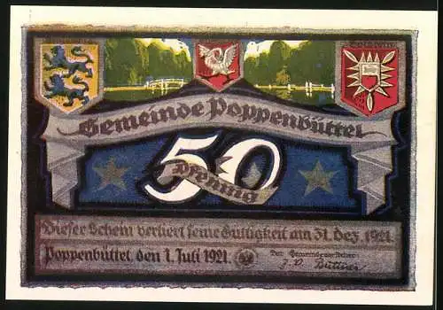 Notgeld Poppenbüttel 1921, 50 Pfennig, Park zur Alsterschleuse und Gemeinde Poppenbüttel Wappen