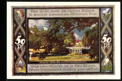 Notgeld Poppenbüttel, 1921, 50 Pf, Brücke über die Alster und Gemeindewappen