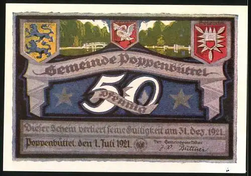 Notgeld Poppenbüttel, 1921, 50 Pf, Hennebergs Park und Gemeinde Poppenbüttel Wappen