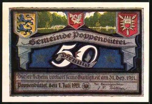 Notgeld Poppenbüttel, 1921, 50 Pf, Hellenburger Schleuse und Wappen der Gemeinde