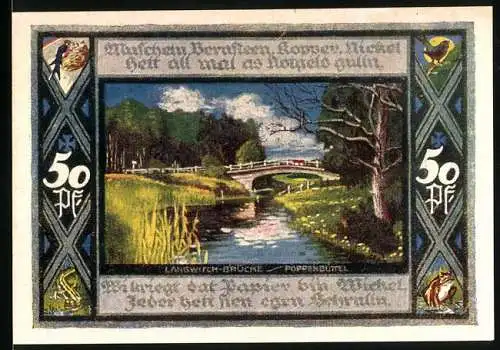 Notgeld Poppenbüttel, 1921, 50 Pf, Langwicht-Brücke und Wappen der Gemeinde Poppenbüttel