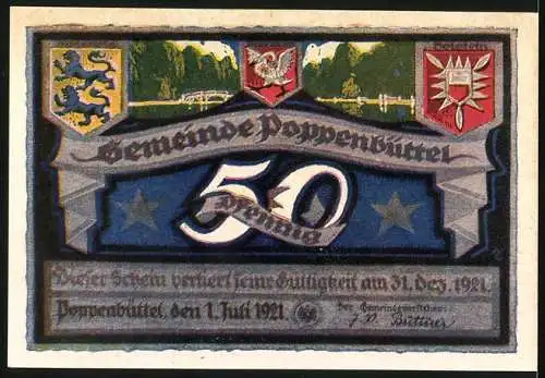 Notgeld Poppenbüttel, 1921, 50 Pf, Langwicht-Brücke und Wappen der Gemeinde Poppenbüttel