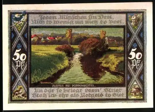 Notgeld Poppenbüttel, 1921, 50 Pf, Alster bei Poppenbüttel und Gemeinde Poppenbüttel Wappen