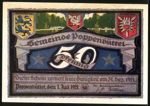 Notgeld Poppenbüttel, 1921, 50 Pf, Alster bei Poppenbüttel und Gemeinde Poppenbüttel Wappen