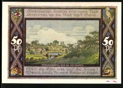 Notgeld Poppenbüttel 1921, 50 Pfennig, Landschaft und Wappen der Gemeinde